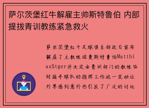 萨尔茨堡红牛解雇主帅斯特鲁伯 内部提拔青训教练紧急救火 萨尔茨堡红牛解雇主帅斯特鲁伯 内部提拔青训教练紧急救火
