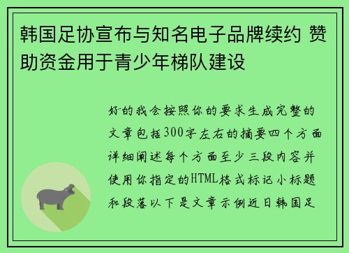 韩国足协宣布与知名电子品牌续约 赞助资金用于青少年梯队建设 韩国足协宣布与知名电子品牌续约 赞助资金用于青少年梯队建设